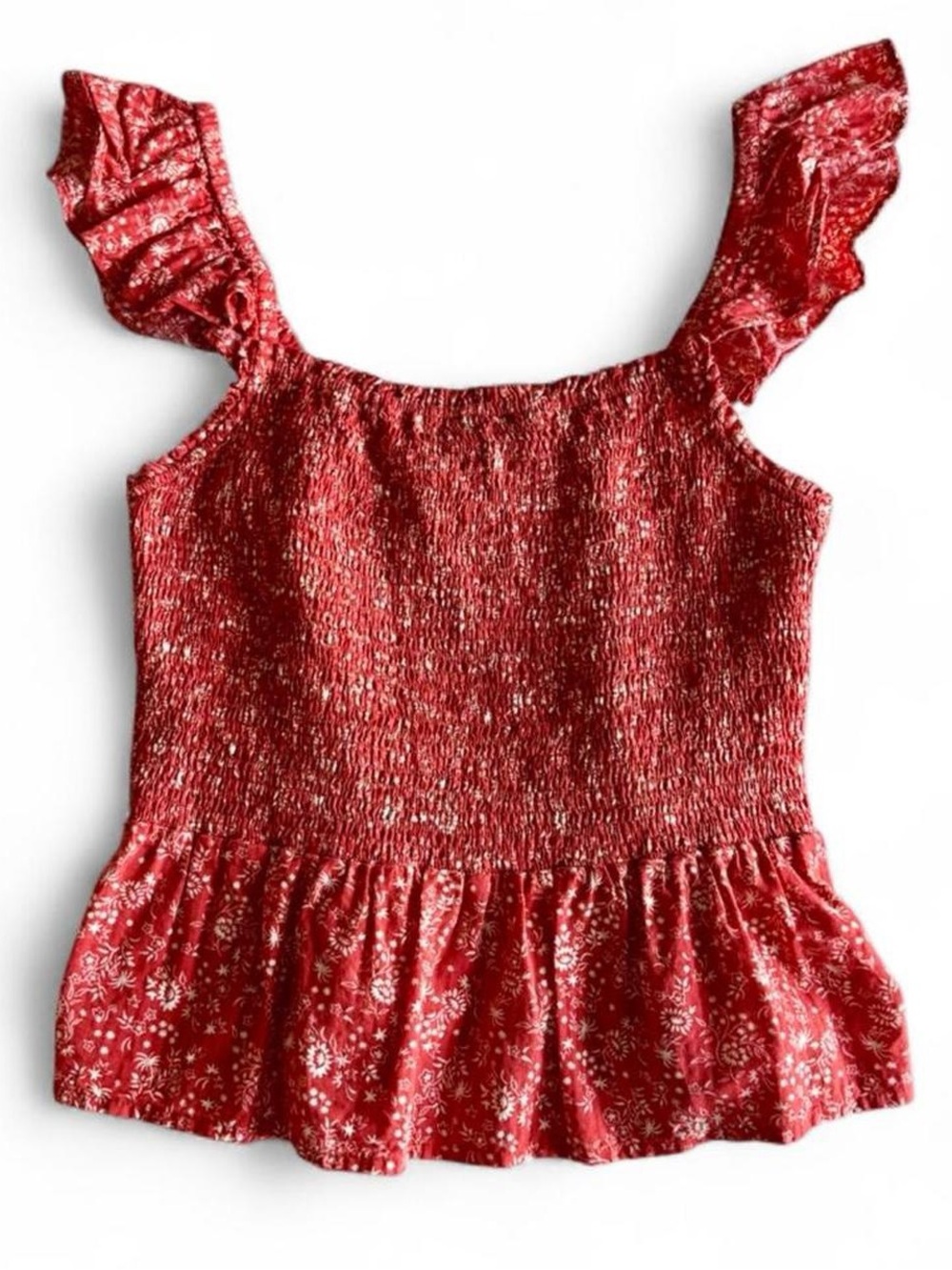 Madewell red floral smocked ruffle sleeve top - coquette summer peplum top